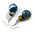 Dark Blue/Gold/White Double Bead Wood Drop Earrings - 60mm L - view 2