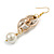 Long Gold Acrylic Link and Cream Faux Pearl Bead Dangle Earrings in Gold Tone - 75mm L - view 5
