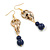 Long Gold Acrylic Link and Blue Ceramic Bead Dangle Earrings in Gold Tone - 80mm L - view 6
