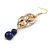 Long Gold Acrylic Link and Blue Ceramic Bead Dangle Earrings in Gold Tone - 80mm L - view 7