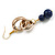 Long Gold Acrylic Link and Blue Ceramic Bead Dangle Earrings in Gold Tone - 80mm L - view 5