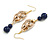 Long Gold Acrylic Link and Blue Ceramic Bead Dangle Earrings in Gold Tone - 80mm L - view 8