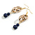 Long Gold Acrylic Link and Blue Ceramic Bead Dangle Earrings in Gold Tone - 80mm L - view 2