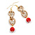 Long Gold Acrylic Link and Red Ceramic Bead Dangle Earrings in Gold Tone - 85mm L - view 2