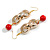 Long Gold Acrylic Link and Red Ceramic Bead Dangle Earrings in Gold Tone - 85mm L - view 4