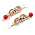 Long Gold Acrylic Link and Red Ceramic Bead Dangle Earrings in Gold Tone - 85mm L - view 6