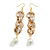 Long Gold Acrylic Multi Link and Cream Faux Pearl Bead Dangle Earrings in Gold Tone - 10cm L