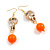 Long Gold Acrylic Link and Orange Plastic Bead Dangle Earrings in Gold Tone - 80mm L - view 4