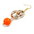 Long Gold Acrylic Link and Orange Plastic Bead Dangle Earrings in Gold Tone - 80mm L - view 5