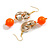 Long Gold Acrylic Link and Orange Plastic Bead Dangle Earrings in Gold Tone - 80mm L - view 2