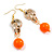 Long Gold Acrylic Link and Orange Plastic Bead Dangle Earrings in Gold Tone - 80mm L - view 7