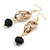 Long Gold Acrylic Link and Black Faceted Glass Bead Dangle Earrings in Gold Tone - 75mm L - view 2