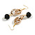 Long Gold Acrylic Link and Black Faceted Glass Bead Dangle Earrings in Gold Tone - 75mm L - view 5