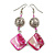 Fuchsia Shell and Metal Ball Drop Earrings in Silver Tone - 70mm Long