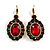 Oval Ruby Red/Dark Green Crystal Drop Earrings with Leverback Closure In Gold Tone - 40mm L - view 2