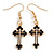 Black Enamel Cross Drop Earrings in Gold Tone - 45mm Long
