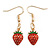 Red/Green Enamel Strawberry Drop Earrings In Gold Tone - 40mm Long