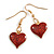 Red Glittering Heart Drop Earrings in Gold Tone - 40mm Long - view 2