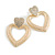 Statement Double Heart Etched Crystal Drop Earrings in Bright Gold Tone - 45mm Long - view 2
