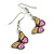 Yellow/Pink Butterfly Drop Earrings in Silver Tone - 40mm Drop - view 2