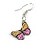 Yellow/Pink Butterfly Drop Earrings in Silver Tone - 40mm Drop - view 4