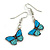 Aqua/Sky Blue Butterfly Drop Earrings in Silver Tone - 40mm Drop - view 2