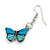 Aqua/Sky Blue Butterfly Drop Earrings in Silver Tone - 40mm Drop - view 4