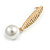 Modern Hammered Leaf with Dangle Simulated Pearl Bead Earrings in Gold Tone - 60mm L - view 4