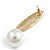 Modern Hammered Leaf with Dangle Simulated Pearl Bead Earrings in Gold Tone - 60mm L - view 5