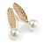 Modern Hammered Leaf with Dangle Simulated Pearl Bead Earrings in Gold Tone - 60mm L - view 2