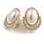 Oval Faux Pearl Crystal Clip-On Earring in Gold Tone - 25mm Tall - view 2