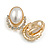 Oval Faux Pearl Crystal Clip-On Earring in Gold Tone - 25mm Tall - view 6