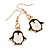 Black/White Enamel Penguin Drop Earrings in Gold Tone - 40mm Long - view 2