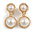 White Faux Pearl Dome Shaped Double Bead Clip On Earrings in Gold Tone - 40mm Long