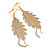 Gold Tone Leaf with Crystal Chain Drop Earrings - 70mm Long - view 2