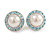 White Faux Pearl Light Blue Crystal Button Shape Stud Earrings in Silver Tone - 18mm D - view 2