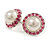 White Faux Pearl Pink Crystal Button Shape Stud Earrings in Silver Tone - 18mm D