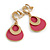 Pink Enamel Teardrop Clip On Earrings with Crystal Accented In Gold Tone - 45mm Tall - view 2