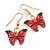 Small Butterfly Drop Earrings in Gold Tone (Red Colours) - 35mm L