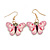 Pink/White Enamel Butterfly Drop Earrings in Gold Tone - 40mm Long - view 2