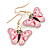 Pink/White Enamel Butterfly Drop Earrings in Gold Tone - 40mm Long