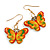 Multicoloured Enamel Butterfly Drop Earrings in Gold Tone - 40mm Long