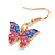 Small Butterfly Drop Earrings in Gold Tone (Pink/Blue Colours) - 35mm L - view 4