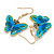 Blue/Yellow Enamel Butterfly Drop Earrings in Gold Tone - 40mm Long - view 2