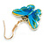 Blue/Yellow Enamel Butterfly Drop Earrings in Gold Tone - 40mm Long - view 5