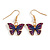 Small Butterfly Drop Earrings in Gold Tone (Purple/Blue Colours) - 35mm L - view 2