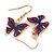 Small Butterfly Drop Earrings in Gold Tone (Purple/Blue Colours) - 35mm L - view 4