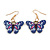 Blue/Pink Enamel Butterfly Drop Earrings in Gold Tone - 40mm Long - view 2