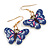 Blue/Pink Enamel Butterfly Drop Earrings in Gold Tone - 40mm Long