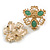 Victorian Style Green Stones White Faux Pearl Stud Earrings in Gold Tone - 25mm Tall - view 2